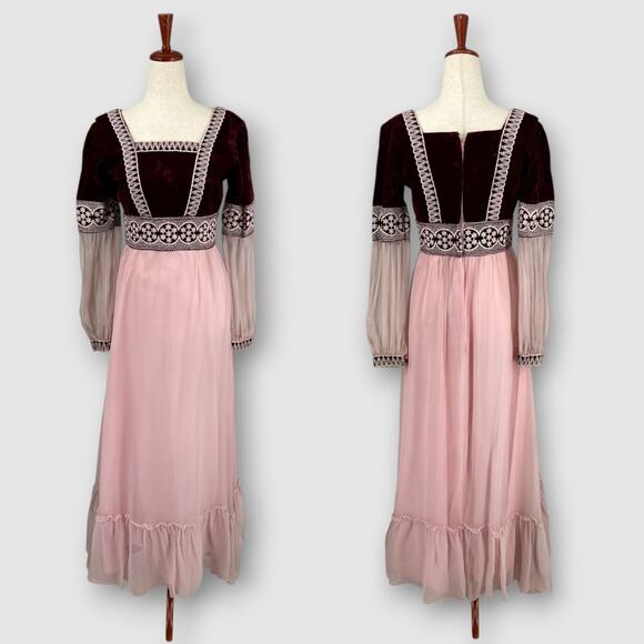 Vintage Dresses & Skirts - 70s  Vintage Burgundy Velvet Blush Pink Chiffon Prairie Maxi Dress Empire Waist